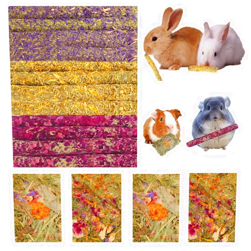Abizoo 16 Packs Bunny Flower Chew Toys, Natural Rabbit Sticks + Herbal Floral Scent Timothy Hay Treats for Guinea Pig Chinchilla Hamster Rat Degus Gerbil Food Molar Cage Accessories Snack