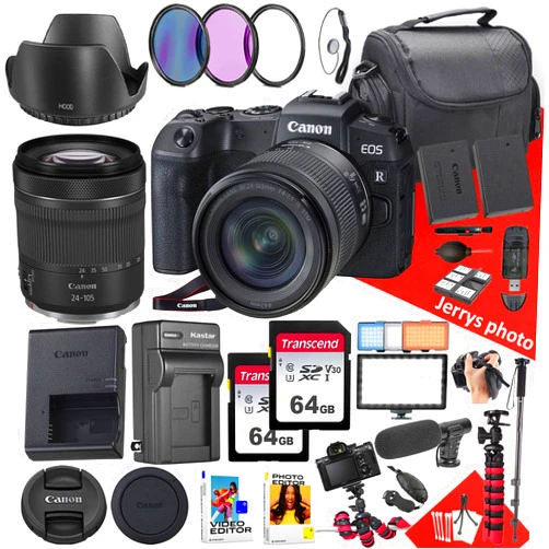 Canon EOS RP Mirrorless Camera with RF 24-105mm f/4-7.1 is STM Lens + 128 GB Memory + LED Light + Microphone + Extra Battery + Battery Charger + Filters + More (30pc Bundle)