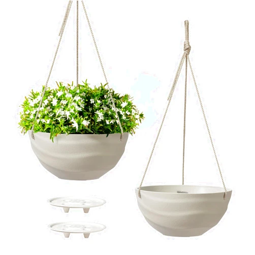 La Jolie Maison 10 Inch Hanging Planters for Indoor Plants, Outdoor Garden Planter Pots with Self-Watering Tray, Oatmeal, Set of 2