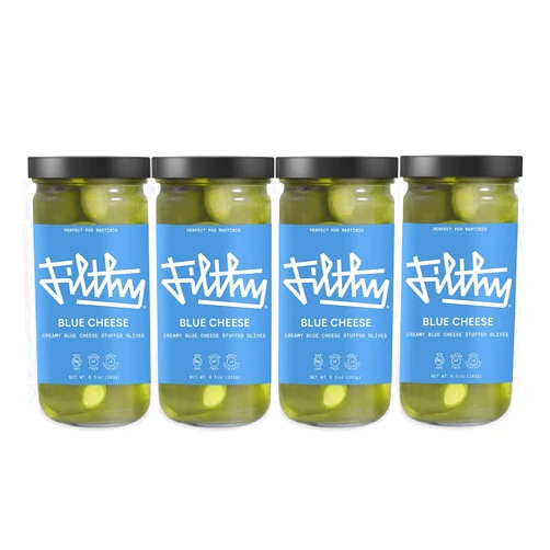 Filthy Food Filthy Blue Cheese Stuffed Olives - Premium Martini Garnish - Non-GMO & Gluten Free - 8oz Jar, 4 Count