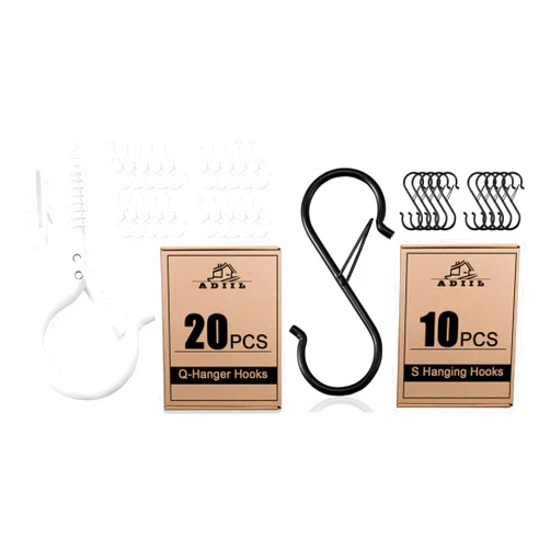 ADIIL 20 PCS White Q Hanger Hooks with Safety Buckle and 10 Pcs Black S Hooks for Hanging with Safety Buckle