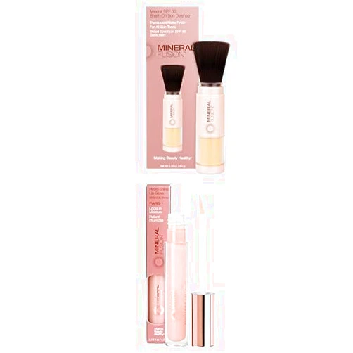 Mineral Fusion Brush-On Sun Defense SPF 30 .14oz & Hydro-Shine Lip Gloss, Paris, 0.15oz Value Bundle