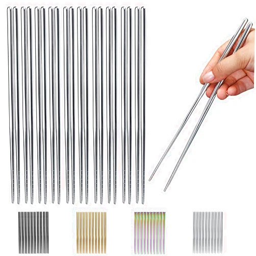 HOMQUEN 10 Pairs Reusable Chopsticks, Stainless Steel Metal Chop Sticks, Japanese Chinese Korean Chopstick Dishwasher Safe, 8.9 Inch (Silver / Chop sticks)