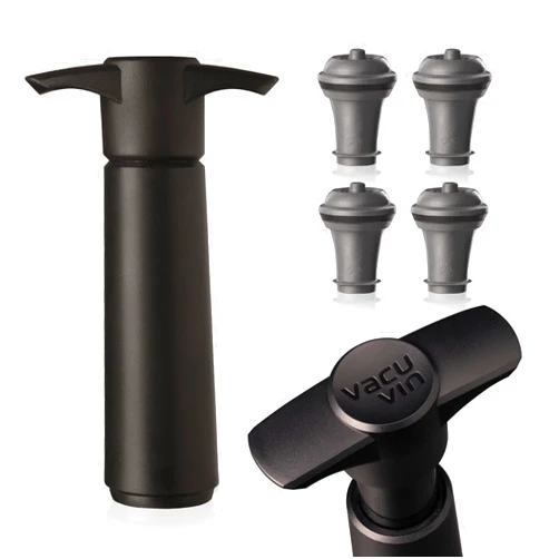 Vacu Vin Wine Saver Pump Black with Vacuum Wine Stopper - Keep Your Wine Fresh for up to 10 Days - 1 Pump 4 Stoppers - Reusable - Made in the Netherlands