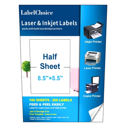 LabelChoice 100 Sheets 200 Labels Half Sheet Self Adhesive Shipping Labels for Laser & Inkjet Printers, 8.5