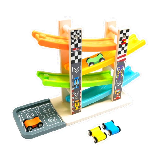 Wood City Wooden Car Ramp Racer Toy Vehicle Set with 4 Mini Cars & Race Tracks,Toddler Toys for 3 4 5 Years Old, Montessori Toys Craft Gift for Toddlers Boys and Girls