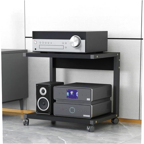 Leaceuv AV Media Stand with Wheels, 2-Tier Audio-Video shelving, Modern Console Wooden Storage Shelves, Stereo Racks and Stands, Audio Tower Corner Entertainment Center, for Living, Gaming Room(Black,50x40x50