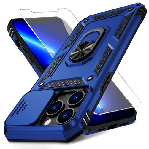 Vinve for iPhone 13 Pro Max Case with Slide Lens Cover, HD Screen Protector, Military Grade Drop Protection, Magnetic Rotated Ring Holder Kickstand Phone Case (Navy Blue)