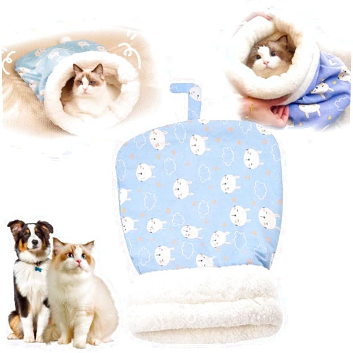 Lokaluo Cat Sleeping Bag Soft Plush Cat Winter Sleeping Bag for Indoor Large Cat Sack 360°Wrap Comfortable Pet Snuggle Sack Upgrade Cosy Self Warm Cat Bed with Cave for Pets (Blue)
