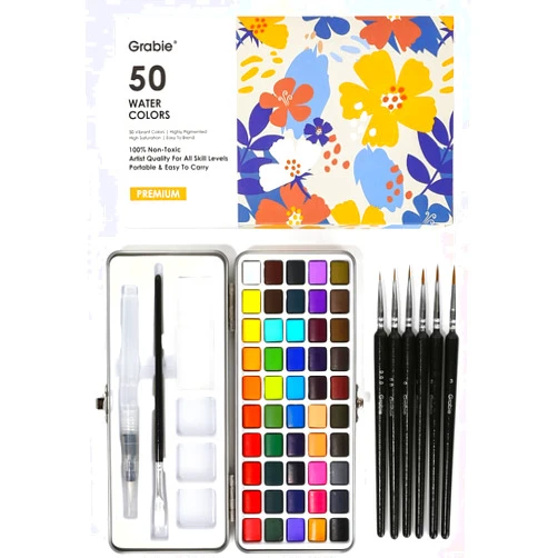 Grabie Watercolor Paint Set, Great for Painting, 50 Colors, Detail Paint Brush Included, Art Supplies, for Artists, Amateur Hobbyists and Painting Lovers