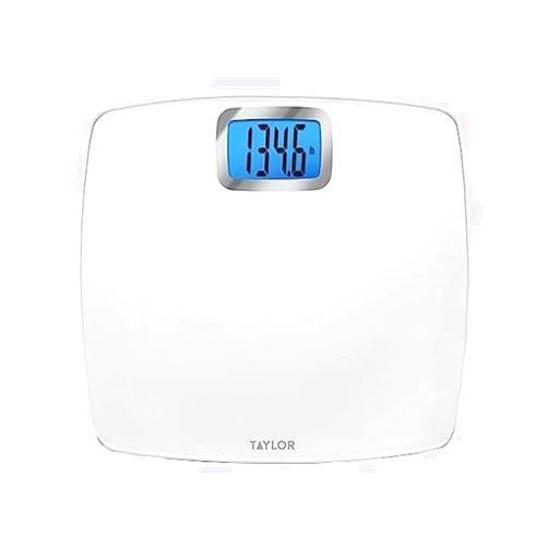 Taylor Digital Scales for Body Weight, Extra high 440 LB Capacity, Unique Blue LCD, Bright White Finish Extra LargePlatform, 12.2 x 13.5 Inches, White