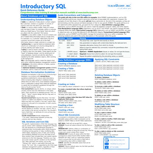 By TeachUcomp Inc (Author), TeachUcomp Inc. (Editor), TeachUcomp Inc.;TeachUcomp Inc. (Illustrator) & 0 more Introductory SQL Quick Reference Training Card - Laminated Tutorial Guide Cheat Sheet (Instructions and Tips)