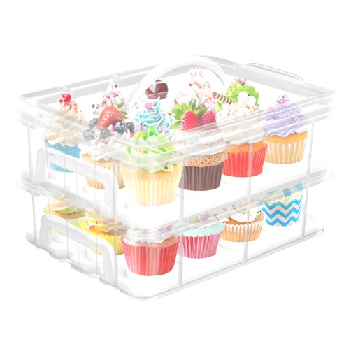 Jellydog Toy Cake Carrier with Lid, Two Tier Handle Cupcake Carrier, Stackable Cupcake Holder Container for 24 Cupcakes, Cake Carrier with Trays, Dessert Container for Cake Pie Muffin Cobbler, White