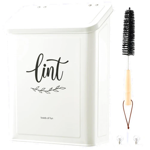 PERFNIQUE Magnetic Lint Bin for Laundry Room with Lint Brush, Wall Mounted Lint Holder Trash can with lid for Dryer, Modern Farmhouse Rustic Metal Laundry Room Storage Organization and Decor(White)