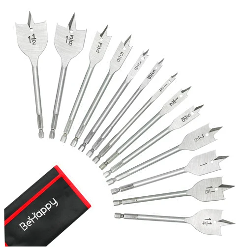 BEHAPPY 13 Piece Spade Drill Bit Set, Wood Drill Bit Set, Paddle Flat Bit Sets for Woodworking, Carbon Steel Paddle Flat Bit with Quick Change Shank, Nylon Storage Pouch Included, 1/4