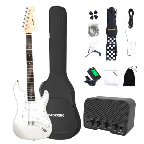 AODSK Electric Guitar with Amp Beginner Kit 39 Inch Solid Body Full Size,All Accessories,Digital Tuner,Six Strings,Four Picks,Tremolo Bar,Strap,Gig Bag,Starter kit (White-SSS)