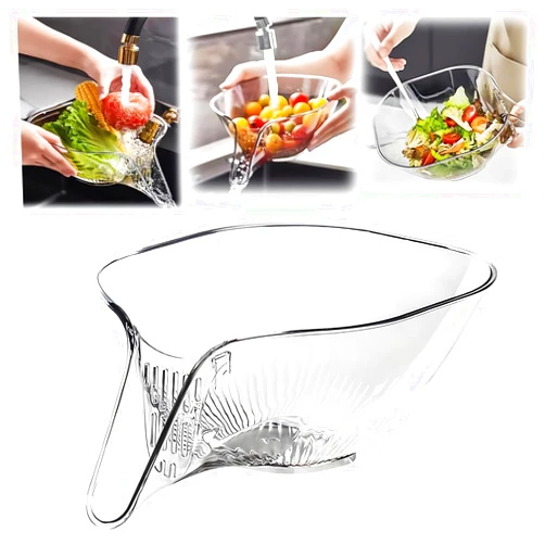 Sidmund Multi-functional Drain Basket - 2024 New Fruit Cleaning Bowl with Strainer Container, Kitchen Sink Food Catcher Drainer Rinser Vegetable Washing Filter over the Colander (1PC, Clear)