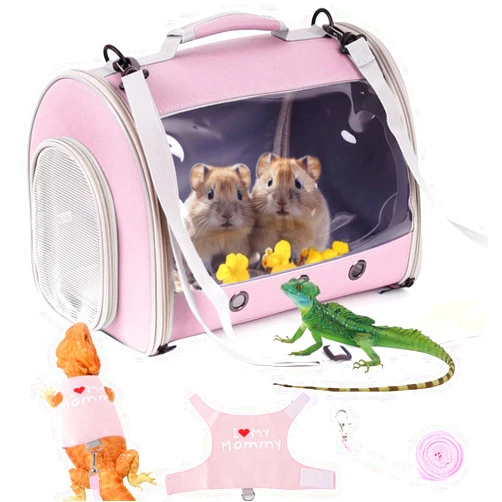 WEVONIGU Small Animal Travel Backpack Carrier,Portable Bearded Dragon Bag for Sugar Glider,Hedgehog,Rat,Bunny,Rat,Outdoor Used (Pink, Carrier L+ I Leash)