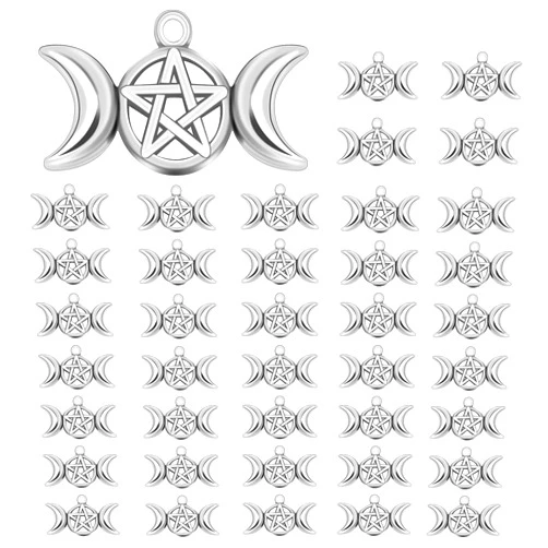 Yolev 40 Pieces Pentagram Moon Pendants Triple Moon Goddess Charm Moon Star Charms Vintage Style Accessories for DIY Necklace and DIY Crafts Jewelry Decorations