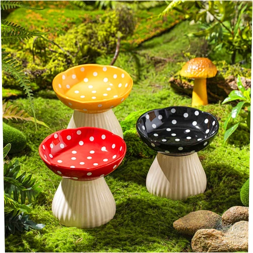 Whimsicalfox Raised Cat Bowl, Cute Mushroom Cat Water Bowl, Elevated Cat Food Bowl, Ceramic Cat Bowls for Food and Water, Raised Cat Food Dish, Wide Shallow Cat Food Dish, Whisker Fatigue (Yellow)