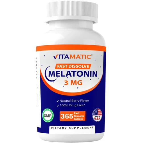 Vitamatic Melatonin 3mg Tablets | Vegetarian, Non-GMO, Gluten Free | 1 Year Supply | Natural Berry Flavor - 365 Tablets