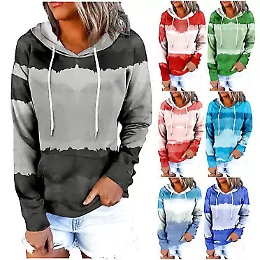 Generic Women's Color Block Hoodies Tops Long Sleeve Tie Dye Printed Sweatshirt Casual Drawstring Pullover Tops Shirts with Pocket 13#blue Small