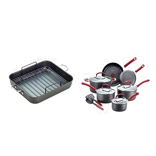T-fal, Ultimate Hard Anodized, Nonstick 16 In. x 13 In. Roaster AND B004SC63 Ultimate Hard Anodized Cookware Set, 12-Piece, Red
