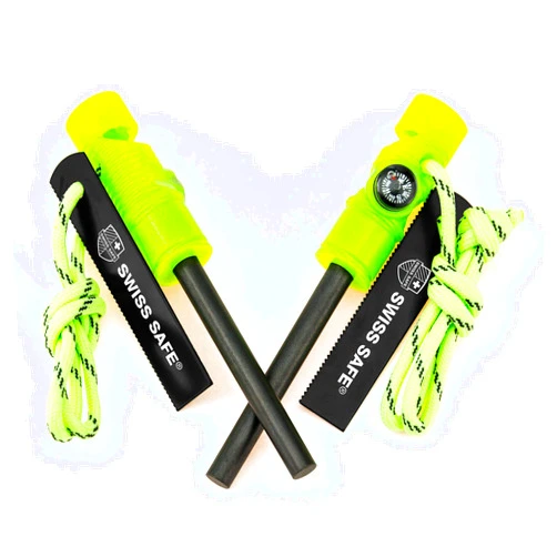 Swiss Safe 5-in-1 Magnesium Ferro Rod Fire Starter Survival Tool - Flint & Steel Striker, Compass, Paracord & Whistle - Emergency Kit for Backpacking, Camping, Hiking - All-Weather