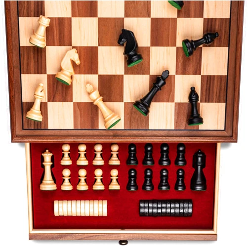 A&A 15 inch Walnut Wooden Chess Sets with Storage Drawer, Triple Weighted Chess Pieces,3.0 inch King Height,Walnut Box,Walnut & Maple Inlay, 2 Extra Queen,Classic 2 in 1 Chess and Checkers Board Games