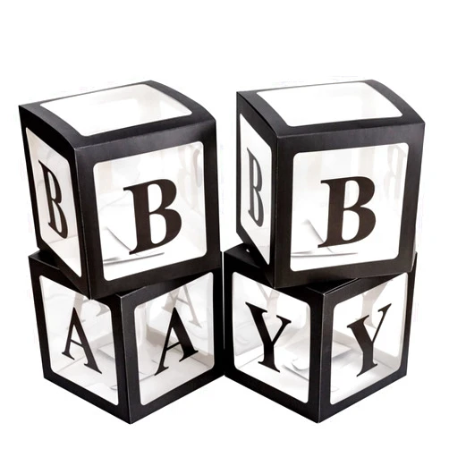 OWPFJG 4pcs Transparent Baby Boxes,Clear Balloon Boxes Backdrop with 16 Letters,Transparent Baby Shower Blocks for Boys and Girls 1st Birthday Party, Gender Reveal Party Decorations (Black)