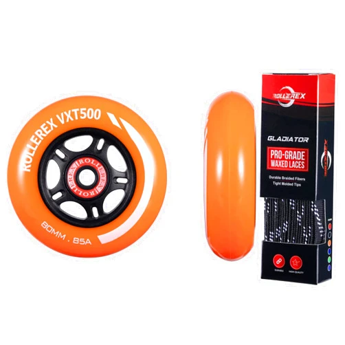 Rollerex VXT500 RipStik/Inline Skate Wheels (2-pack w/bearings, spacers and washers) (Sunrise Orange, 72mm) Gladiator Waxed Skate Laces (Jet Black, 72