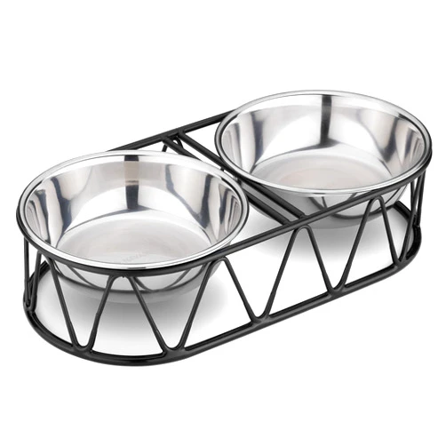 Navaris Stainless Steel Dog Bowls - Cat Food Bowls with Stand - Elevated Double Bowl and Holder for Cats & Small Dogs Raised Metal Wire Stand - Black