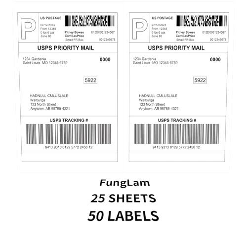 FungLam Half Sheet Shipping Labels 8.5x5.5 Inches, FungLam Half Page Labels, 8.5”x11” Self Adhesive Shipping Labels for Laser&Inkjet Printers, White Mailing Address Labels, 2 Labels Per Sheet, 50 Labels.