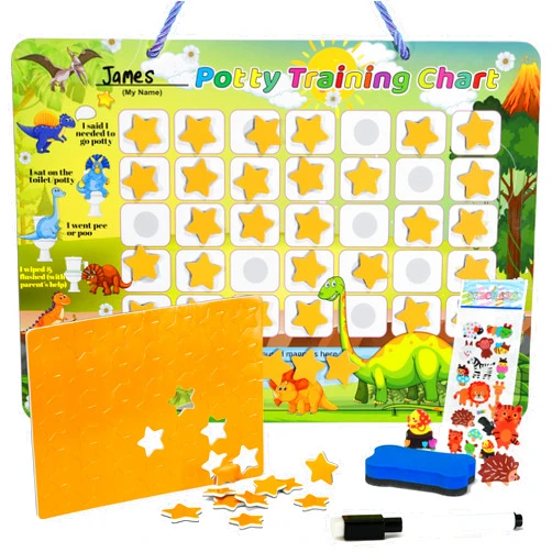 Homeify Dinosaur Potty Training Chart for Toddlers Boys & Girls - Potty Chart with 35 Reusable Magnetic Stars & Cool Stickers, Marker, Eraser & Hook Motivational Dinosaur Potty Training Sticker Chart for Kids