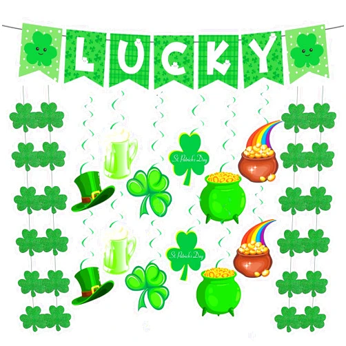 DGWYZCGY St Patricks Day Decorations Kit, 29Pcs St. Patrick's Day Party Decor Shamrock Lucky Banner Garlands Clover Hanging Swirls Decorations for Home Saint Patrick Party Favor