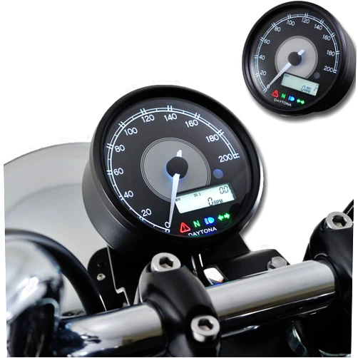 DAYTONA Velona Motorcycle Gauge Displays Both Speedometer MPH/KMH and Tachometer RPM, Odometer, 2 Trip Meters, Indicators, White LED Lighting and More (200 MPH)
