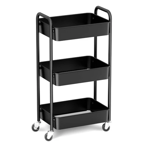 CAXXA 3-Tier Rolling Metal Storage Organizer - Mobile Utility Cart, Kitchen Cart with Caster Wheels (Black)