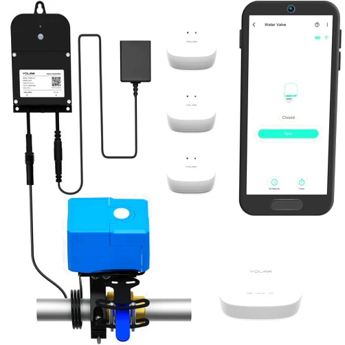 YoLink Smart Water Leak Protection System Kit: Bulldog Valve Robot, Smart Valve Controller 2, 3 Water Leak Sensors, Hub