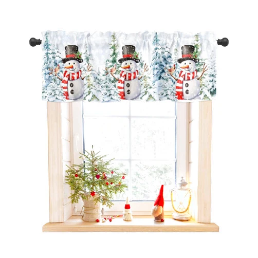 BUWOOGER Rod Pocket Window Valances Xmas Snowman Christmas Tree Robin Short Kitchen Curtains Winter Snow Scenery Window Treatment Drapes for Bedroom Bathroom Living Room 54x18In,1 Panel