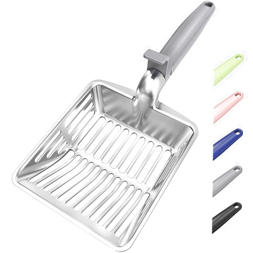 KooMooM Metal Cat Litter Scoop, Large Cat Scooper with Deep Shovel & Dual Sifting Holes for Fast & Precise Sifting, Space Aluminum Kitty Litter Scooper with Long Handle & Easy-to-Hang Hook - Grey