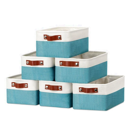 DULLEMELO Storage Baskets Bins for Organizing, Small Fabric Baskets for Shelves, Closets, Nursery, Home, Office, Empty Gift Baskets (6-Pack, White&Teal)