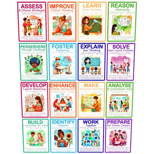 bqw Why Learn Math Posters, Growth Mindset Motivational Math Quotes, 16 Pieces 8.5x11 in Rainbow Brights, STEM Classroom Decor, Inspire Math Bulletin Board Posters