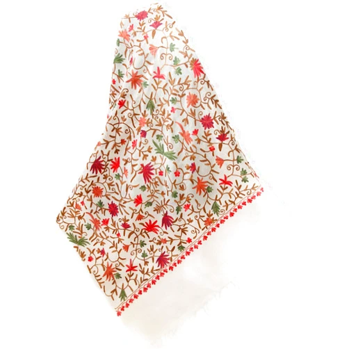 Heritage Trading Red Flowers Green Leaves Brown Vines Crewel Embroidered IvoryWool Pashmina Shawl