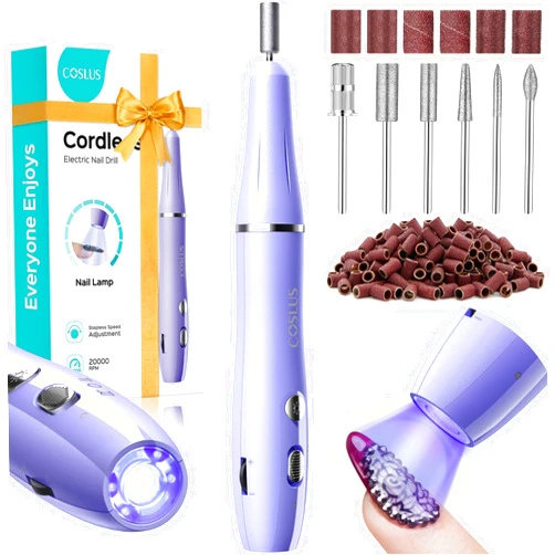 COSLUS Cordless Nail Drill Electric File: with Nail Lamp 2 in 1 Portable Nail Drill Machine Kit, Professional for Acrylic Gel Dip Powder Nails, Rechargeable Manicure Pedicure Tools Polish Set Purple