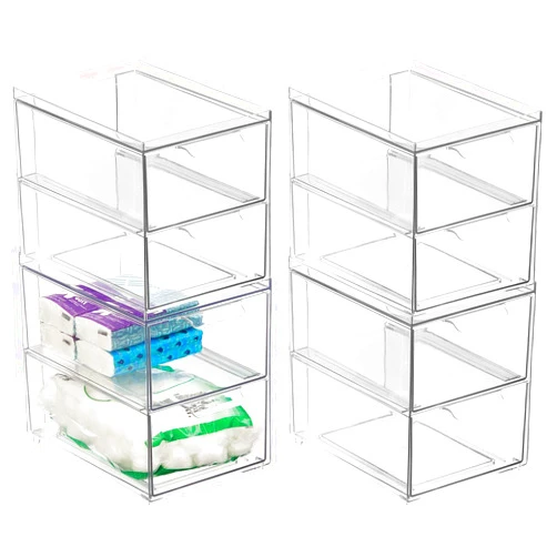 mDesign Stackable Storage Containers Box with 2 Pull-Out Drawers - Stacking Plastic Drawer Bins for Master or Guest Bathroom, Linen Closet, Vanity, Makeup Table Lumiere Collection 4 Pack, Clear
