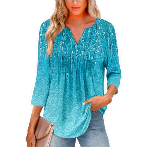 GOFULY Cute Summer Tops for Women Vneck 3/4 Sleeve Dressy Blouse Floral Print Tops Dressy Casual Pleated Elbow Sleeve Shirts