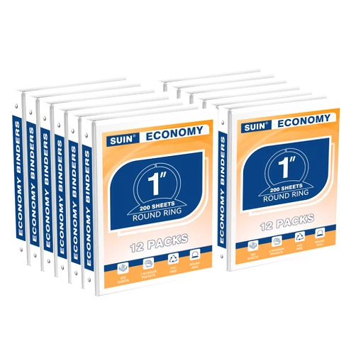 SUIN Economy 1-Inch 3-Ring-Binder, Round Ring Binder, Customizable Clear View Cover, 1'' Binders for Office/School (White - 12 Packs)