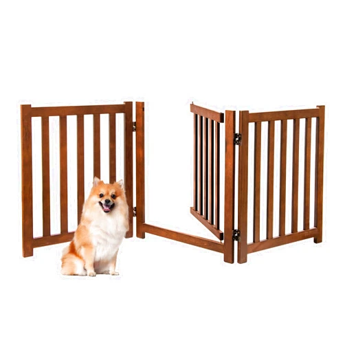 Axeman Freestanding Dog Gate-24 Solid Oak Wood Wooden Pet Gate with Door Walk Through, Accordion Style Folding Fence for Stairs, Doorways, Halls & Home, Indoor House Gate Safety Fence, 3 Panels, Walnut