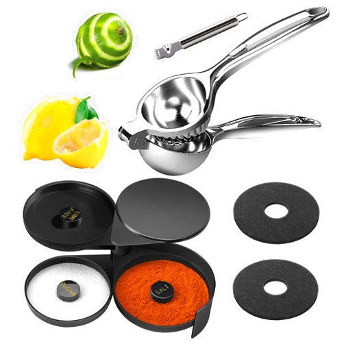 MONKKINO Lemon Squeezer with Zester + Margarita Salt Rimmer with 2 Sponges, Metal Handheld Lemon Juicer, Bar Salt and Sugar Rimmer for Drinks