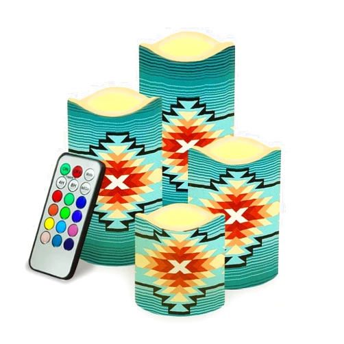 Psesaysky Southwest Native American Flameless Candles Battery Operated Pillar Candle Nightlight Home Decor with Remote Color Changing & Timer for Home Table Decoration 4 Packs